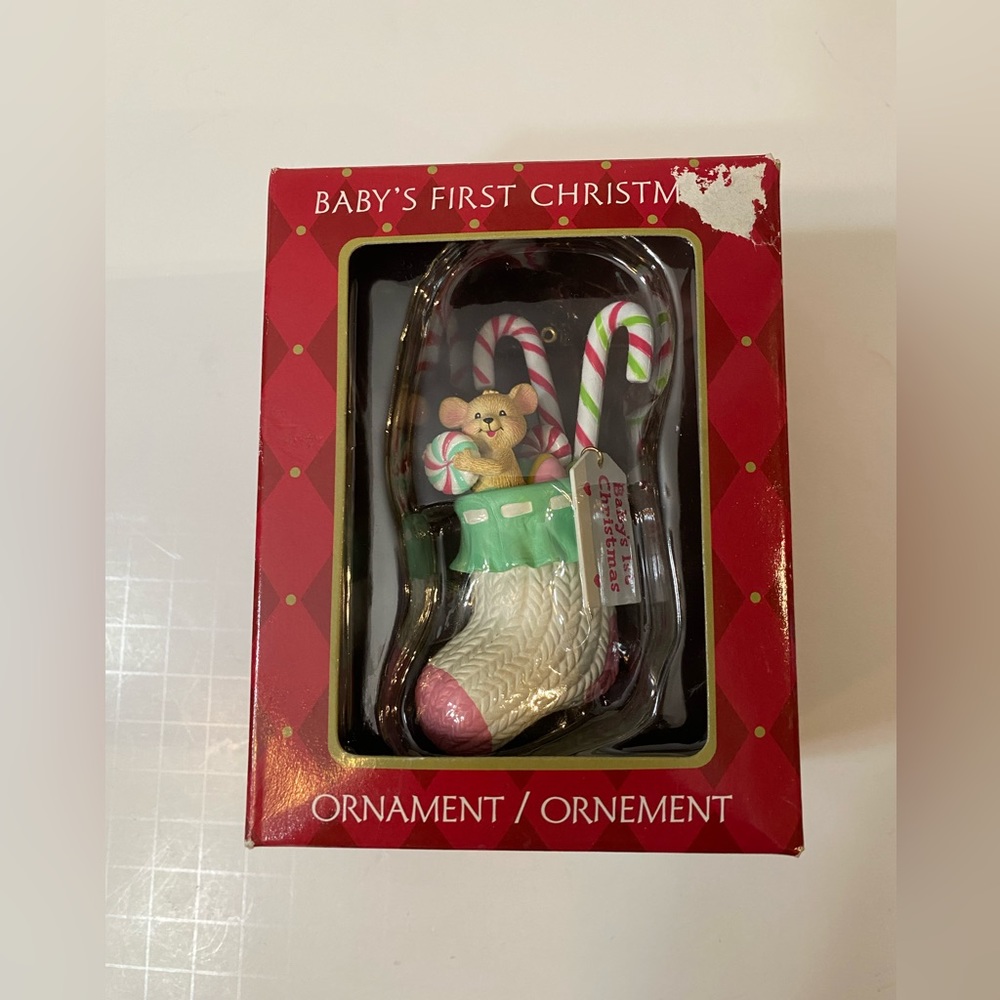 American Greetings Baby's 1st Christmas Ornament Stocking WITH/Gifts & Mouse